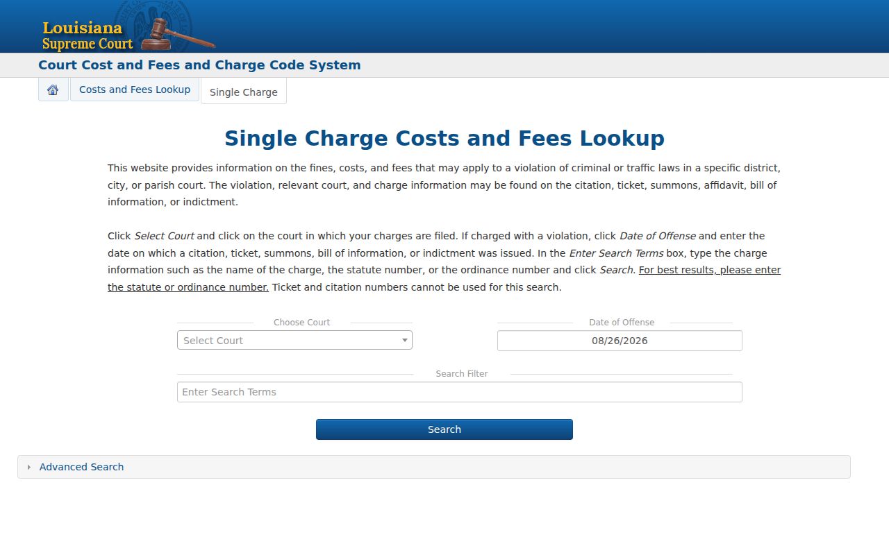 Washington Parish case lookup and Louisiana charge search fields