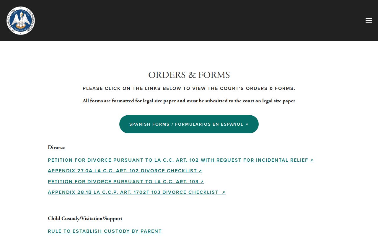 Washington Parish 22nd Judicial District Court orders and civil forms information