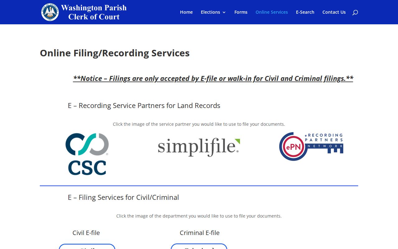 Washington Parish civil filing route with e-file and walk-in information