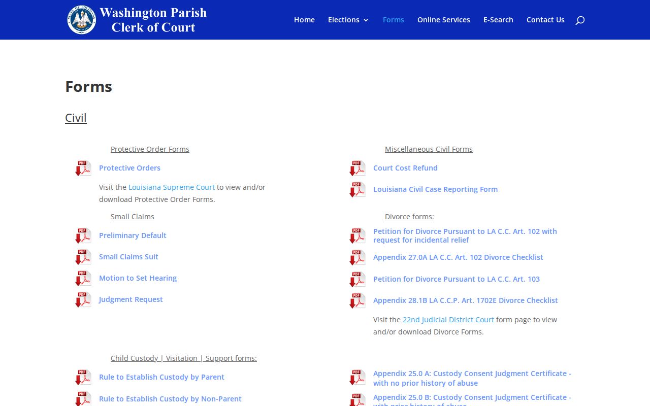 Washington Parish Clerk civil and domestic court forms categories