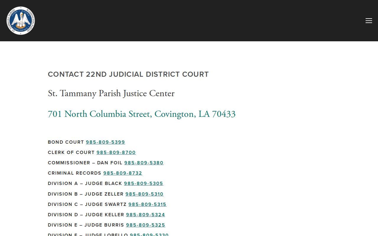 Washington Parish 22nd Judicial District Court contact and courthouse information