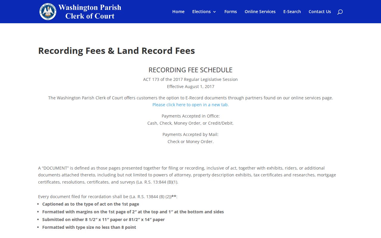 Washington Parish court records certified copy and fee information