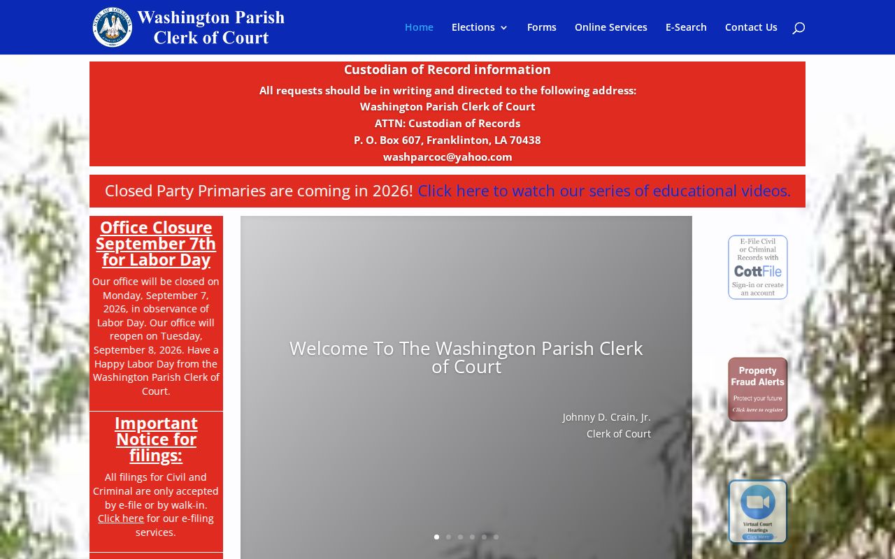 Washington Parish court docket Clerk of Court official records page