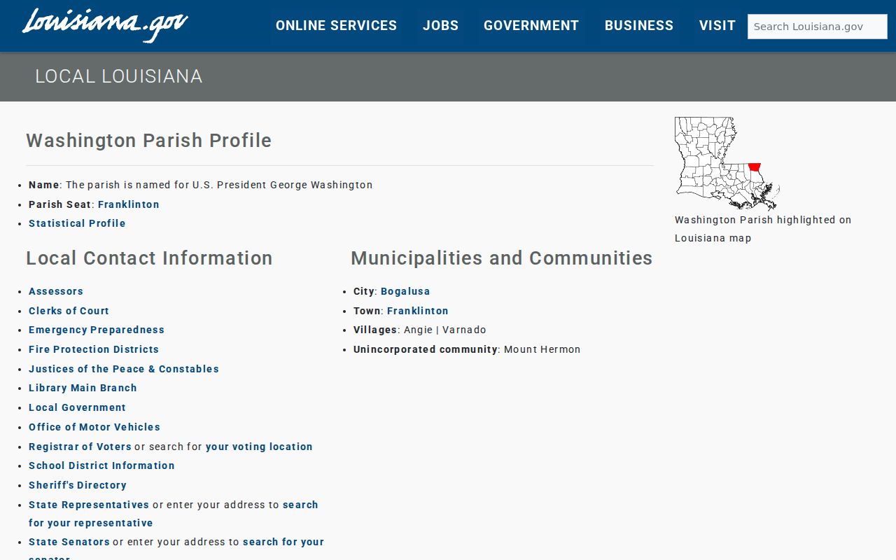 Washington Parish court docket official parish profile